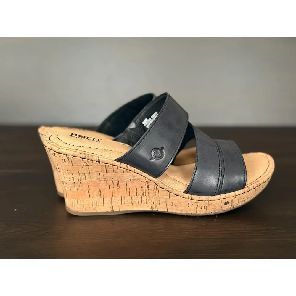 Born Women's Marjoran LEATHER Straps Cork Wedge Mule Sandals Size 10 M BLACK